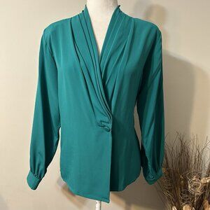Vtg Yves St. Clair Women Green Long Sleeve Wrap Blouse Top Pleated V-neck Sz 10